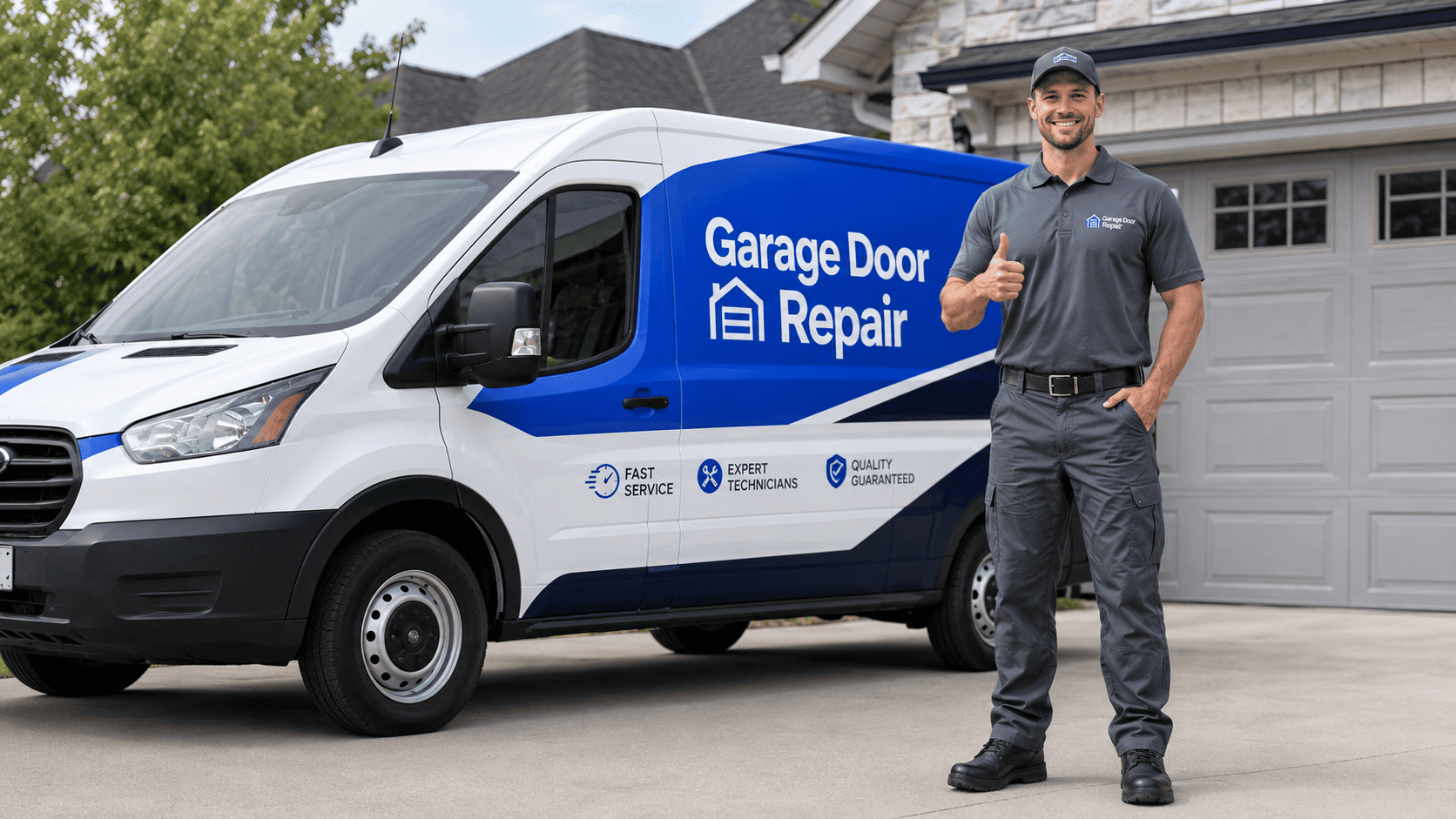 Garage door repair service van and technician
